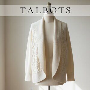 Talbots Cardigan Sweater | Women's Size L | Cream | Cable Knit Lambswool Long